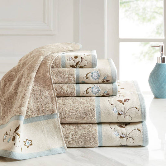 6-Piece Embroidered Floral Bathroom Towel Set, Taupe/Blue