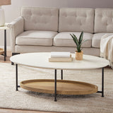 2-Tier Oval Coffee Table with Storage Shelf, White/Natural