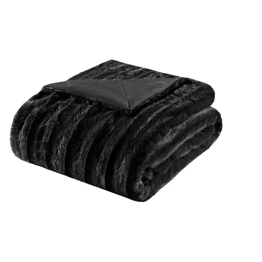 Ultra-Soft Plush Long Fur Throw Pillow and Blanket, Black