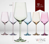 Colored Crystal Wine Glass Set of 6, Large Stemmed 12 oz