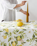 Citrus garden print on white linen tablecloth