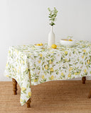 Citrus garden print on white linen tablecloth