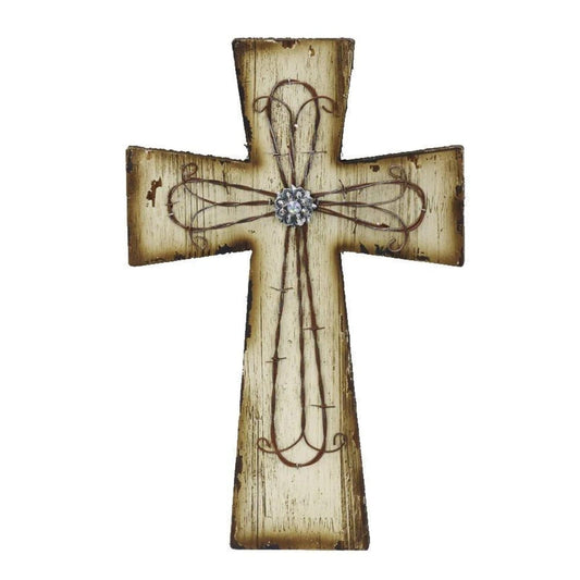 Cream Distressed Wood & Barbwire Cross Wall Decor, 4 MOQ