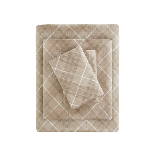 Flannel Cotton Winter Sheet Set, Plaid, Tan