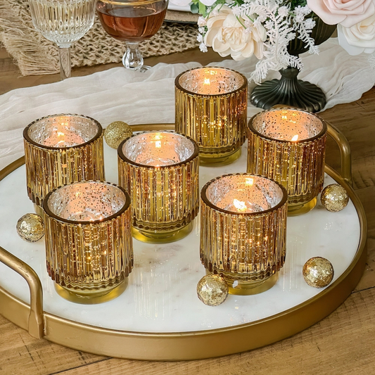 Ribbed Gold Glass Votive Candle Holder Set of 6