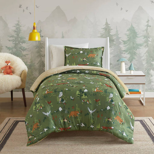 Wholesale Forest Animals 5-Piece Plush Reversible Comforter Set, Green