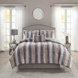 Long Faux Fur 4-Piece Comforter Set, Blush/Grey Stripe