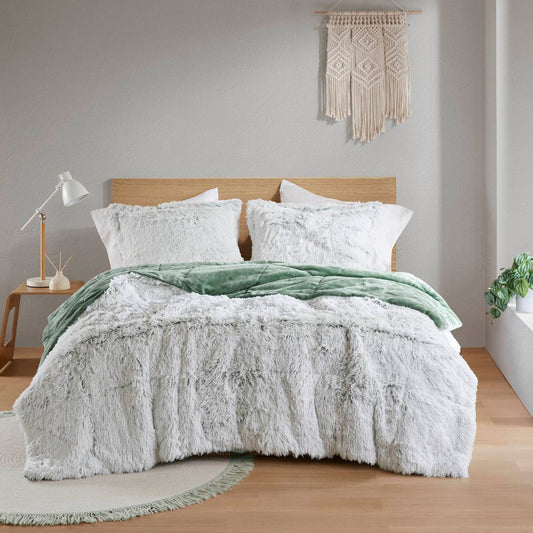 Wholesale Shaggy Faux Solid Fur Comforter Mini Set, Green/White
