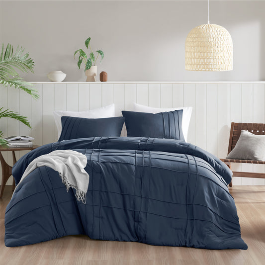 Grid Soft Washed Pinch Pleated Comforter Set, Navy