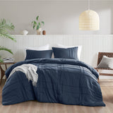 Grid Soft Washed Pinch Pleated Comforter Set, Navy