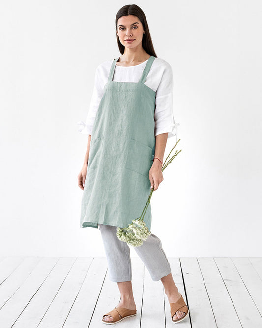 Japanese cross-back linen apron in Dusty blue