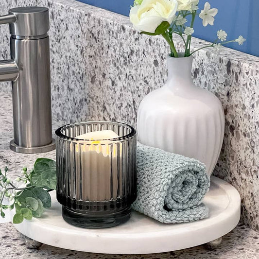 Ribbed Smoke Gray Glass Votive Holders Set of 6