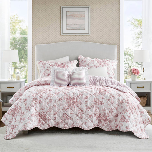 Vintage Inspired Floral Microfiber Quilt Set, Pink