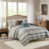 5 Piece Medallion Reversible Jacquard Quilt Set, Blue