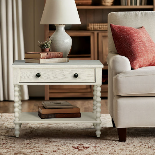 26"H Large Turned Wood Spindle Nightstand, Antique Cream