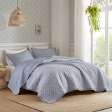 3pc Ruffle Printed Vermicelli Stitched Quilt Set, Blue