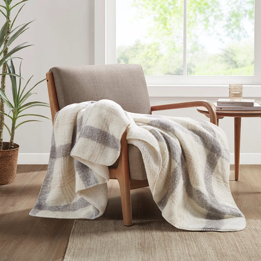 Plaid Faux Mohair Sherpa Soft Throw Blanket 50x60", Ivory