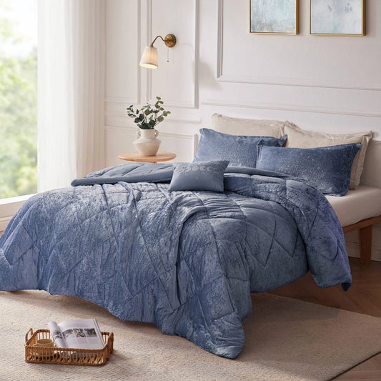 Crushed Velvet 4-Piece Comforter or Duvet Cover Set, Blue
