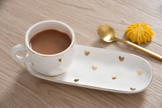 Set of 2 Gold Porcelain Espresso Cups & Saucers