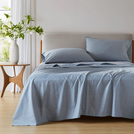144TC Geometric Diamond Blue Printed Cotton Sheet Set
