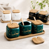 Marble Ceramic Spice Jar Set with Wooden Tray