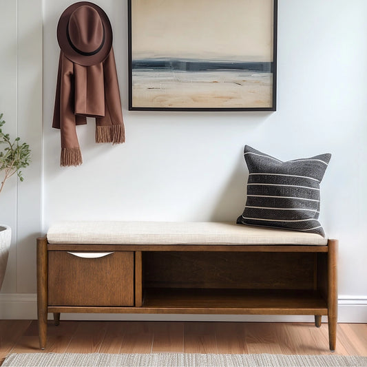 Accent Bench with Storage and Upholstered Cushion, Walnut