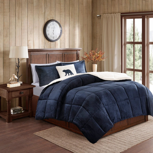 Plush To Sherpa Winter Comforter Set, Navy Blue