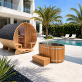 4-6 Person Electric Rock Heater Outdoor Barrel Panoramic Cedar Sauna with 2-Person Cedar Cold Plunge Soaking Bathtub