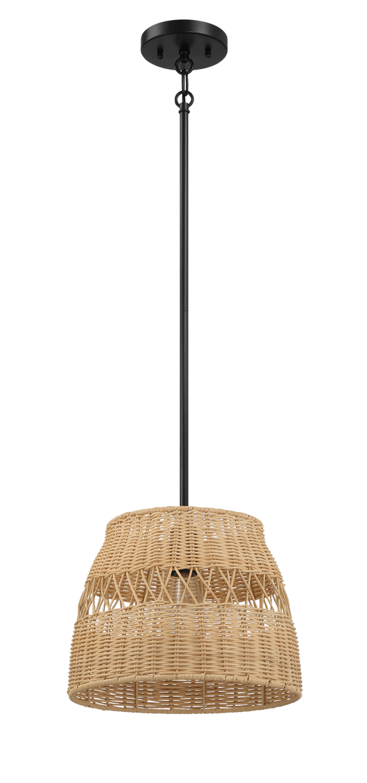 Essence Single Lights Pendant With Rattan Shade Black Metal Finish for Farmhouse Style