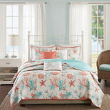 6 Piece Coastal Cotton Sateen Quilt Set, Coral