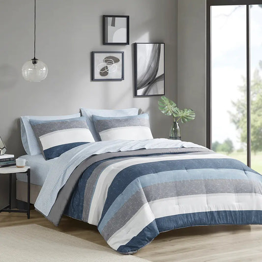 Wholesale Stripe Modern Comforter Set with Bed Sheets, Blue/Grey