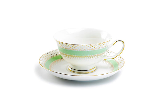 Mint Stripe Gold Dot Porcelain Tea Cup & Saucer
