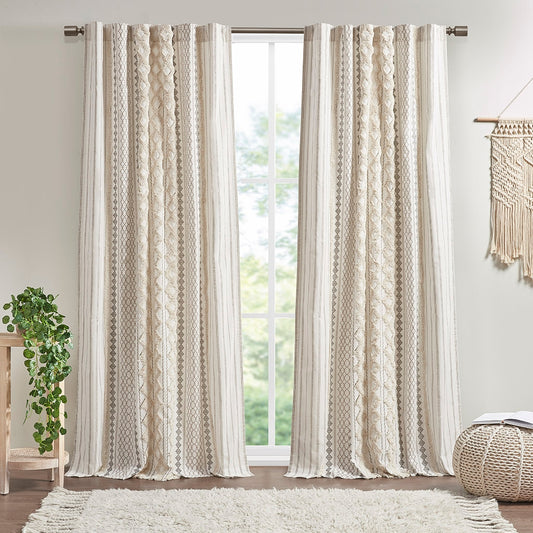 Geo Print Chenille Light Filtering Window Curtain, Ivory