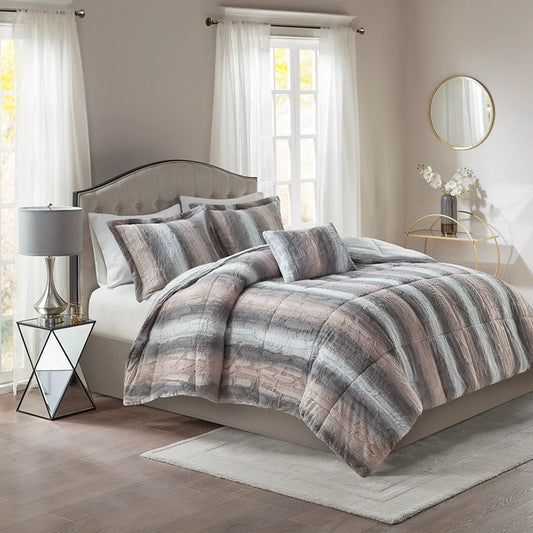 Long Faux Fur 4-Piece Comforter Set, Blush/Grey Stripe