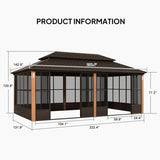 PURPLE LEAF Bronze Frame Sunroom Hardtop Gazebo Solarium Wood Grain Columns Galvanized Steel Double Roof All-Weather Screen House