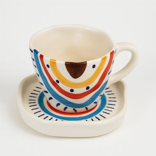 Boho Hand Painted Ceramic Tea Cup & Saucer Set