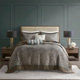 5 Piece Jacquard Bedspread Set and Throw Pillows, Blue/Brown