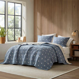 3 Piece Reversible Rustic Coverlet Set, Blue