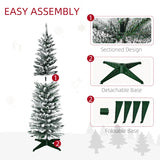 HOMCOM 5' Snow Flocked Artificial Pencil Christmas Tree, Slim Xmas Tree with Realistic Branches and Plastic Base Stand for Indoor Decoration, Green