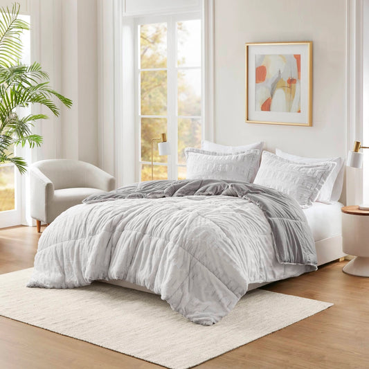 Long Faux Fur Comforter Mini Set, Grey