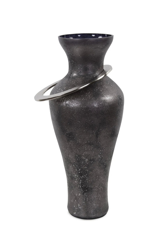 Black Ore Glass Vase with metal accent- Medium