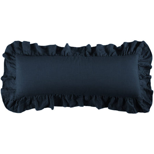 Washed Linen Ruffled Lumbar Pillow, Light Gray & Navy