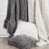 Nordic Cable Knit & Mongolian Fur Throw Blanket, Gray