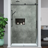 Mountain 48 in. W x 76 in. H Reversible Frameless Sliding Glass Shower Door with Soft-Close System - Multiple Finishes