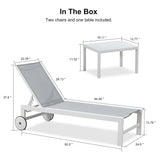 PURPLE LEAF Outdoor Chaise Lounge Chairs Set of 2 White Aluminum Lounge Chair Five-Position Adjustable Chaise with Wheels and Table for Pool Deck Patio