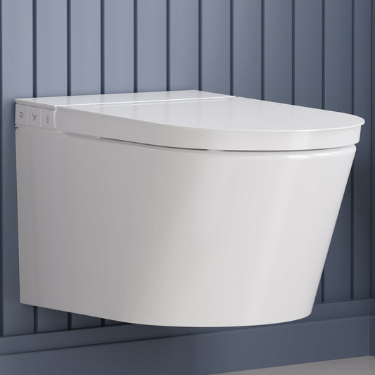 Smart Wall-Hung Elongated Bidet Toilet in White with Auto Lid, Heated Seat, Air Dry, Remot Control, and Night Light