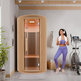 1-2-Person Round Infrared Sauna with Canadian Hemlock Wood, Infrared Heating Panels, Red Light Heater, and Glass Door