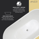 ANZZI Chand Series 55" - 67" Flat Bottom Freestanding Soaker Tub with Ergonomic Design, Rhino Alloy Certified Acrylic, and Center Drain