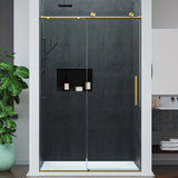 Mountain 48 in. W x 76 in. H Reversible Frameless Sliding Glass Shower Door with Soft-Close System - Multiple Finishes