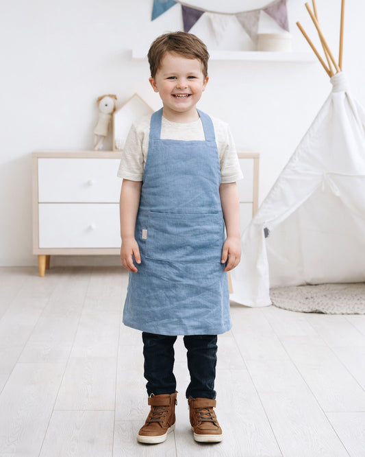 Linen apron for kids in Gray blue